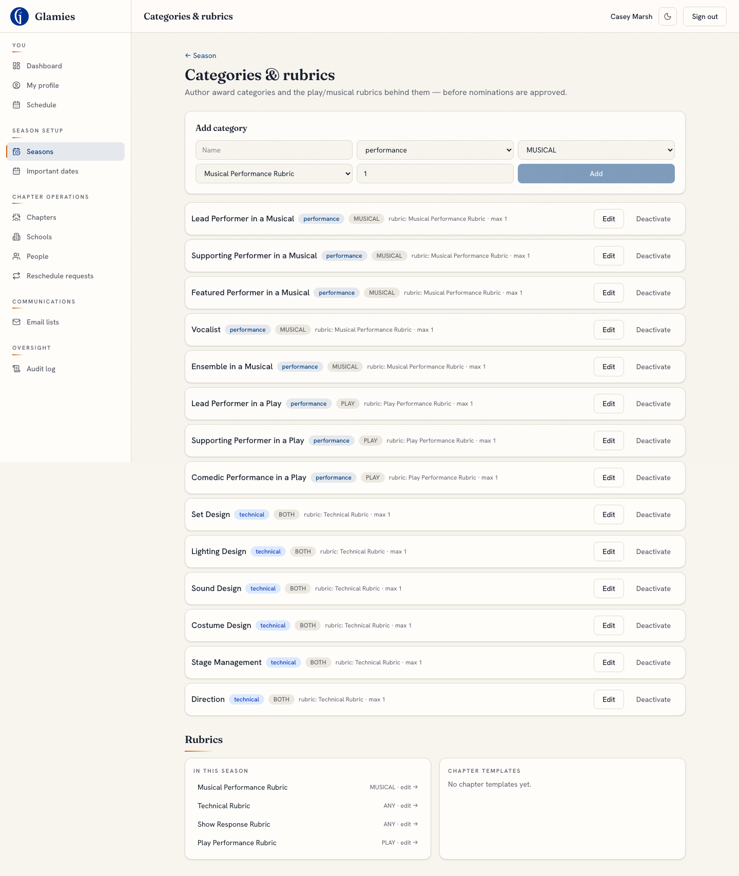 Chapter admin authors award categories — The same Categories & rubrics screen from Season Setup — nominations can’t exist without a category defined first.