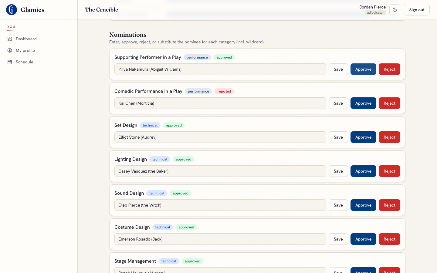 Nomination corrected and approved — Editing a nominee name and approving writes both changes in one action.