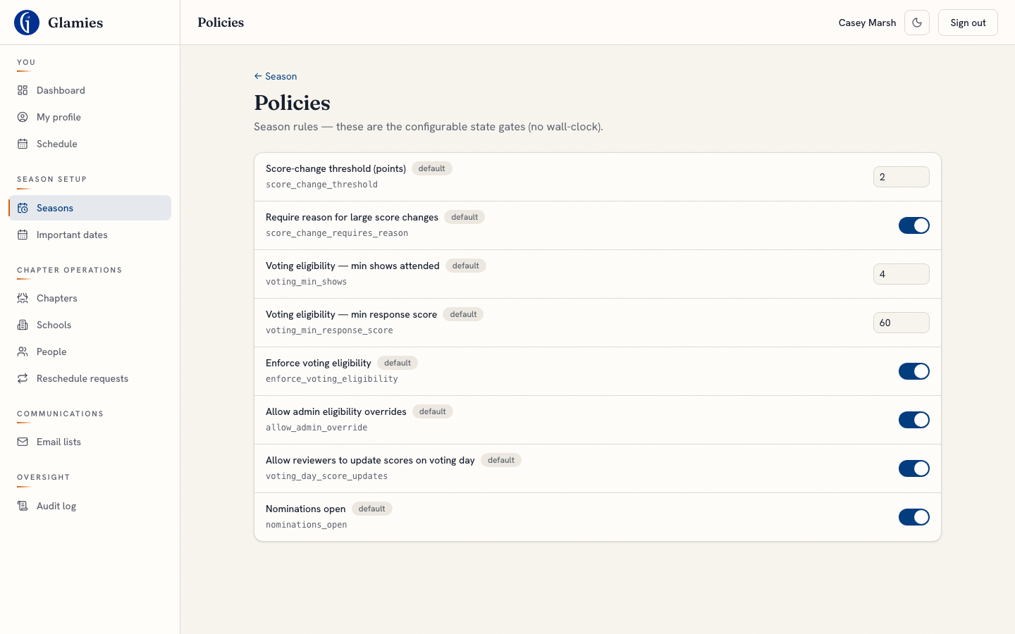 Nomination-window policy toggle — A season-wide "nominations open" toggle is real and persists — though nothing enforces it yet, so toggling it off doesn’t currently block edits.