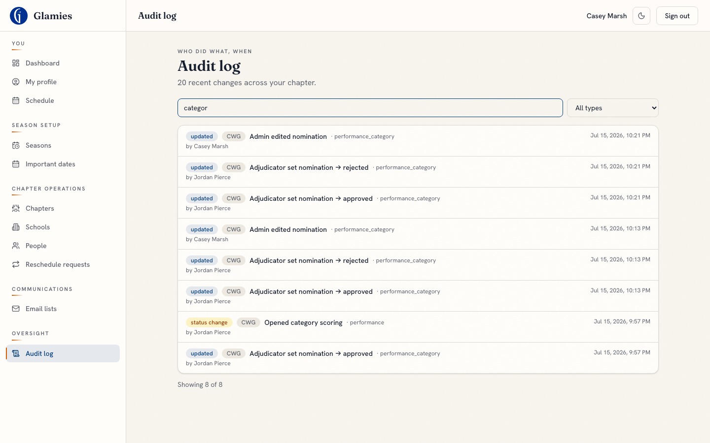 Nomination changes appear in the audit log — Every nomination write is recorded to the audit trail — though today it’s always logged as a generic "updated" rather than distinctly as approved or rejected.