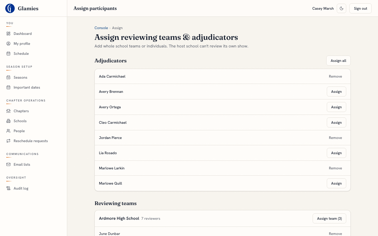 Assign reviewing teams & adjudicators — The chapter admin adds whole school teams or individual reviewers, plus adjudicators, to a show. The host school is automatically flagged ineligible to review its own performance.
