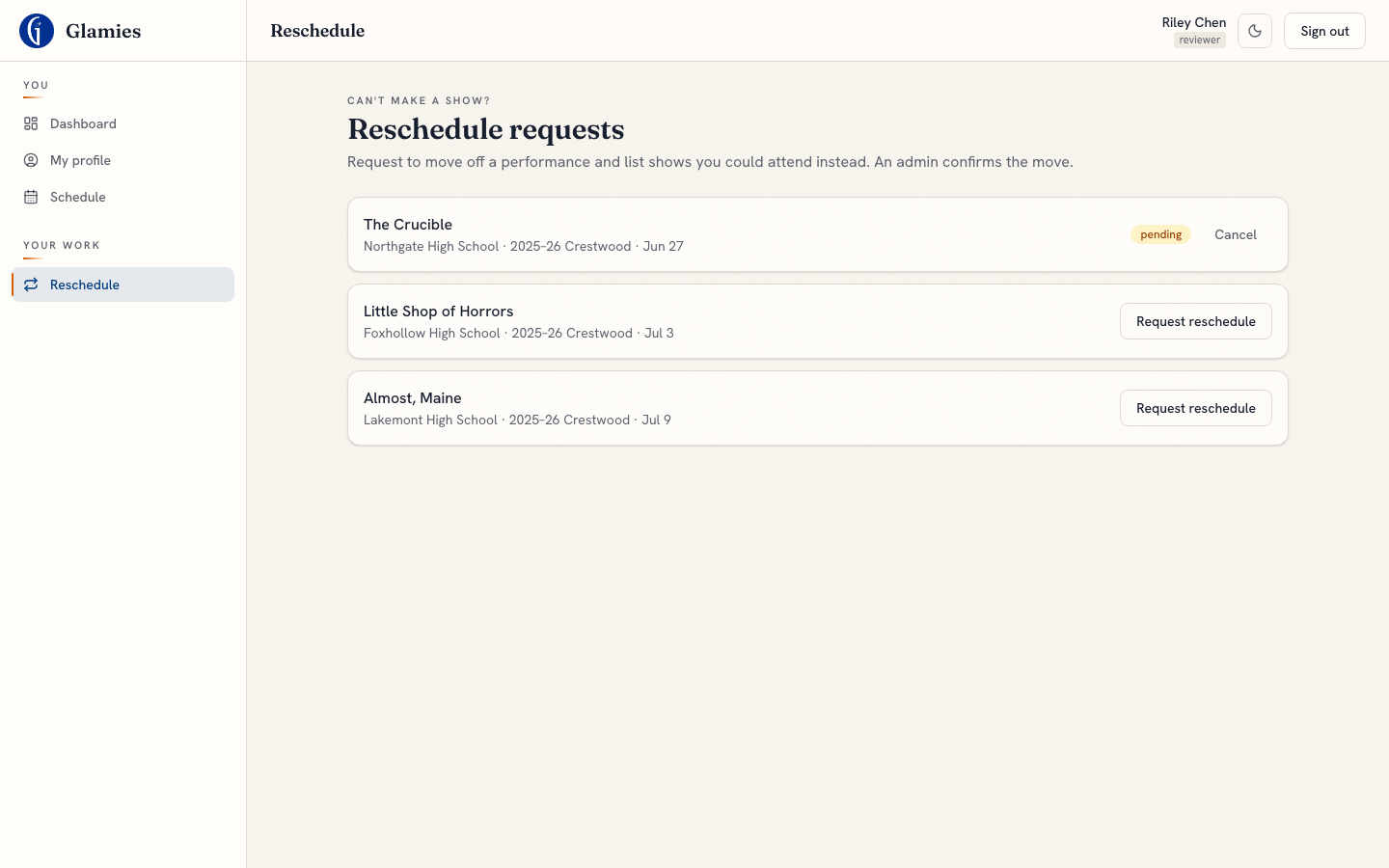 Reschedule request pending — The request shows a pending badge while it waits for chapter-admin review.