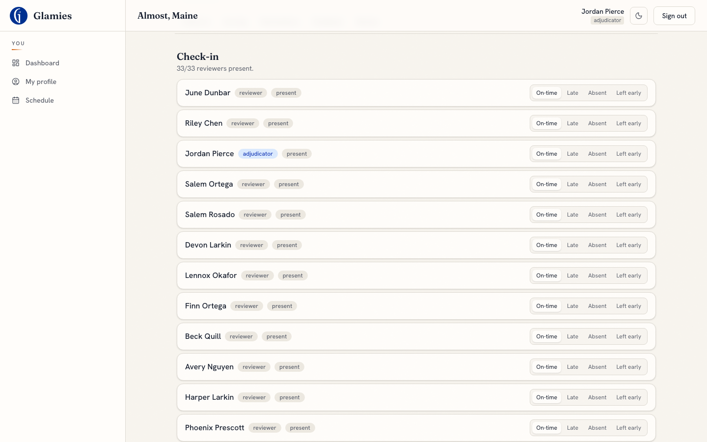 The check-in roster — one tap to replace the paper sign-in sheet.