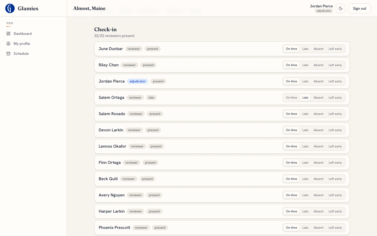 Roster marked present — Tapping a status writes the record immediately — the header’s present count updates live.