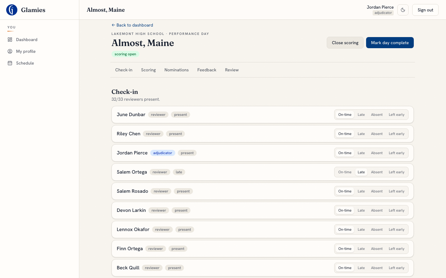 Adjudicator opens category scoring — One click flips the phase gate — reviewers can now submit scores.
