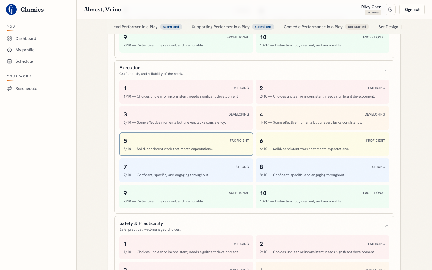 Scores submitted for adjudicator review — "Submit for review" locks the score in and flips it to submitted.
