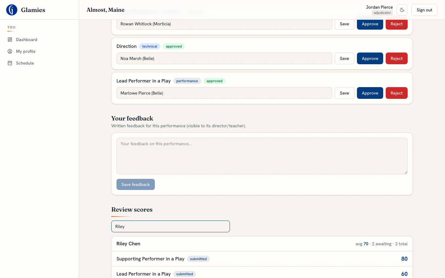 Adjudicator finds a specific reviewer — A quick name search pulls up all of that reviewer’s scores and their aggregate at a glance.