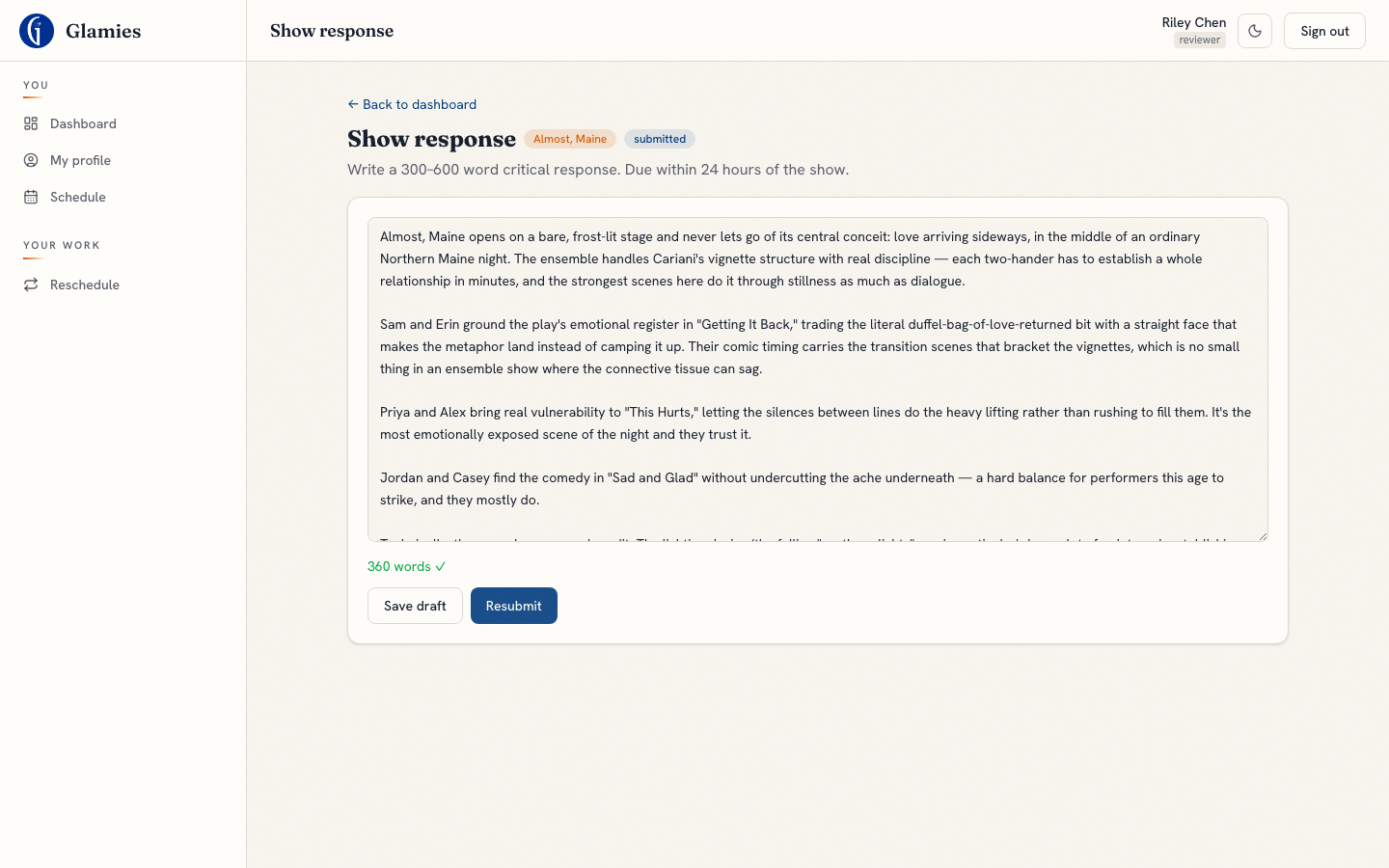 Response submitted — Submitting enters the response into the adjudicator’s grading queue.