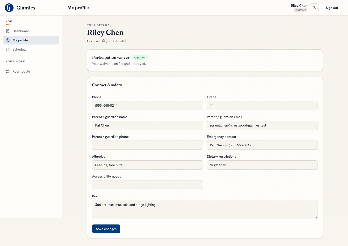 Member fills out their profile — Sign-up works, and a member can self-serve their own contact and safety details — phone, allergies, accessibility needs, emergency contact, grade.
