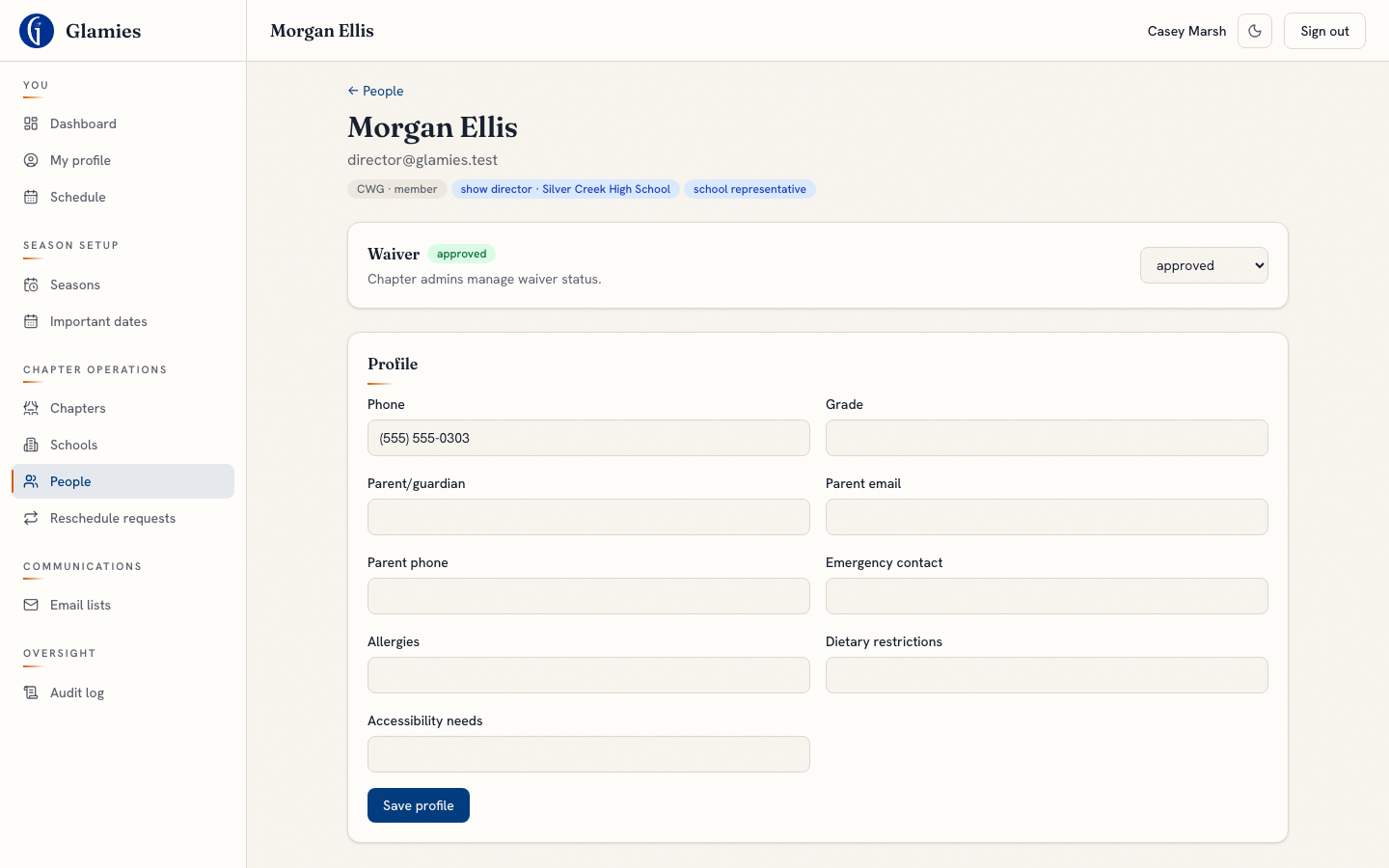 Chapter admin approves the waiver — A status dropdown on the admin’s user-detail page moves a waiver through not-submitted, submitted, approved, or expired. It’s global per-person today rather than per-season, and there’s no document upload yet.