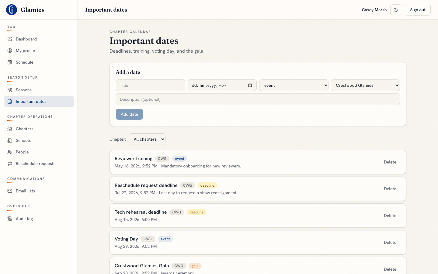 Chapter admin sets the season calendar — The Important Dates page lets the chapter admin add or remove calendar entries — training day, voting day, gala, deadlines — tagged by kind.