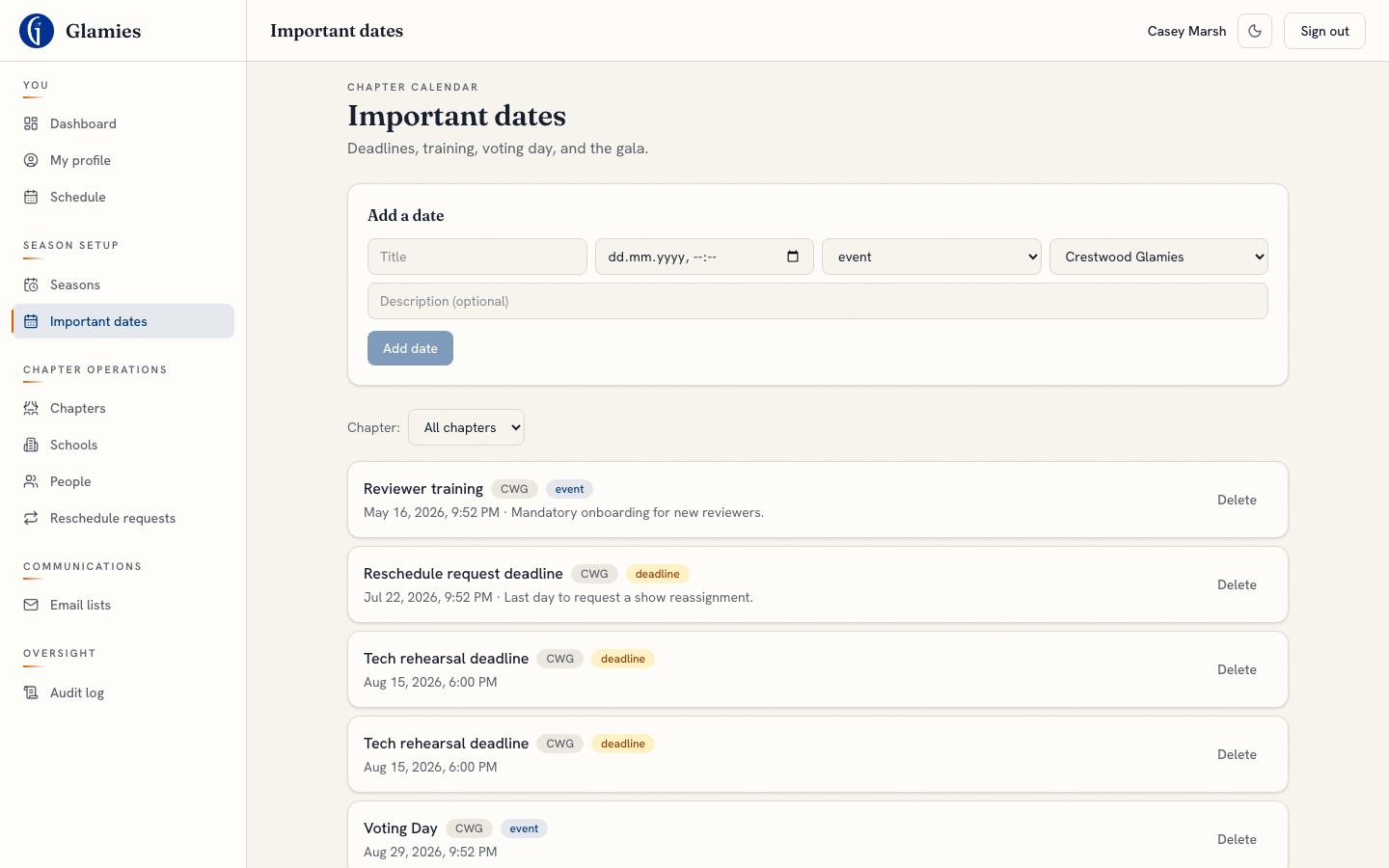 New calendar date added — Adding a date is live on the shared calendar immediately — no draft/publish step.