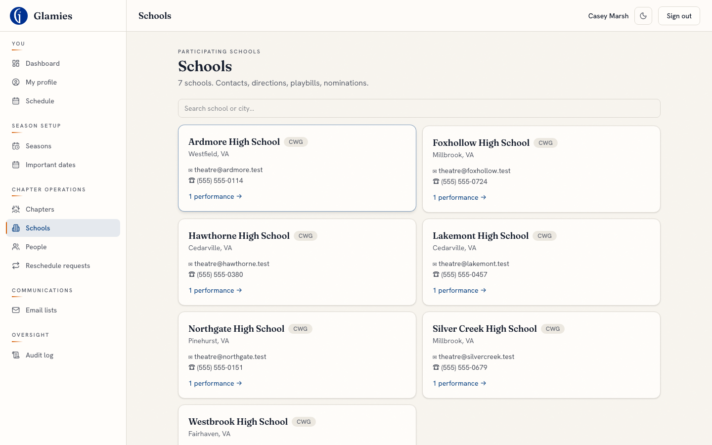 Schools list — A searchable list of the season’s schools with contact info and performance counts. Read-only today — there’s no add-a-school form yet.