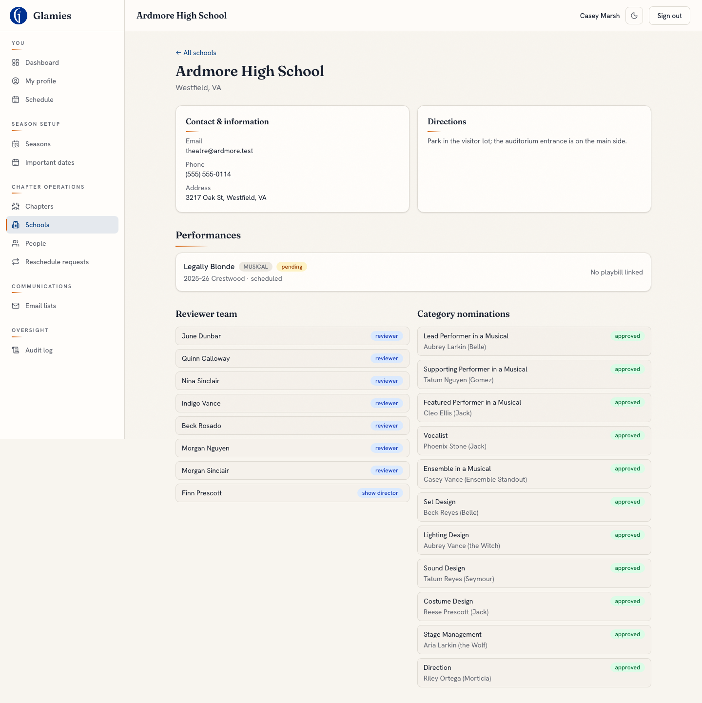 School profile — Contact info, directions, performances, and the reviewer team for one school. A chapter admin still eyeballs the roster themselves to confirm it’s staffed.