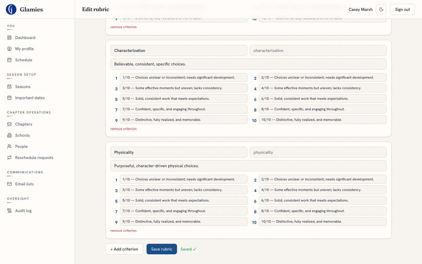 Rubric saved — Saving updates the rubric in place — every performance using it immediately shows reviewers the revised description.