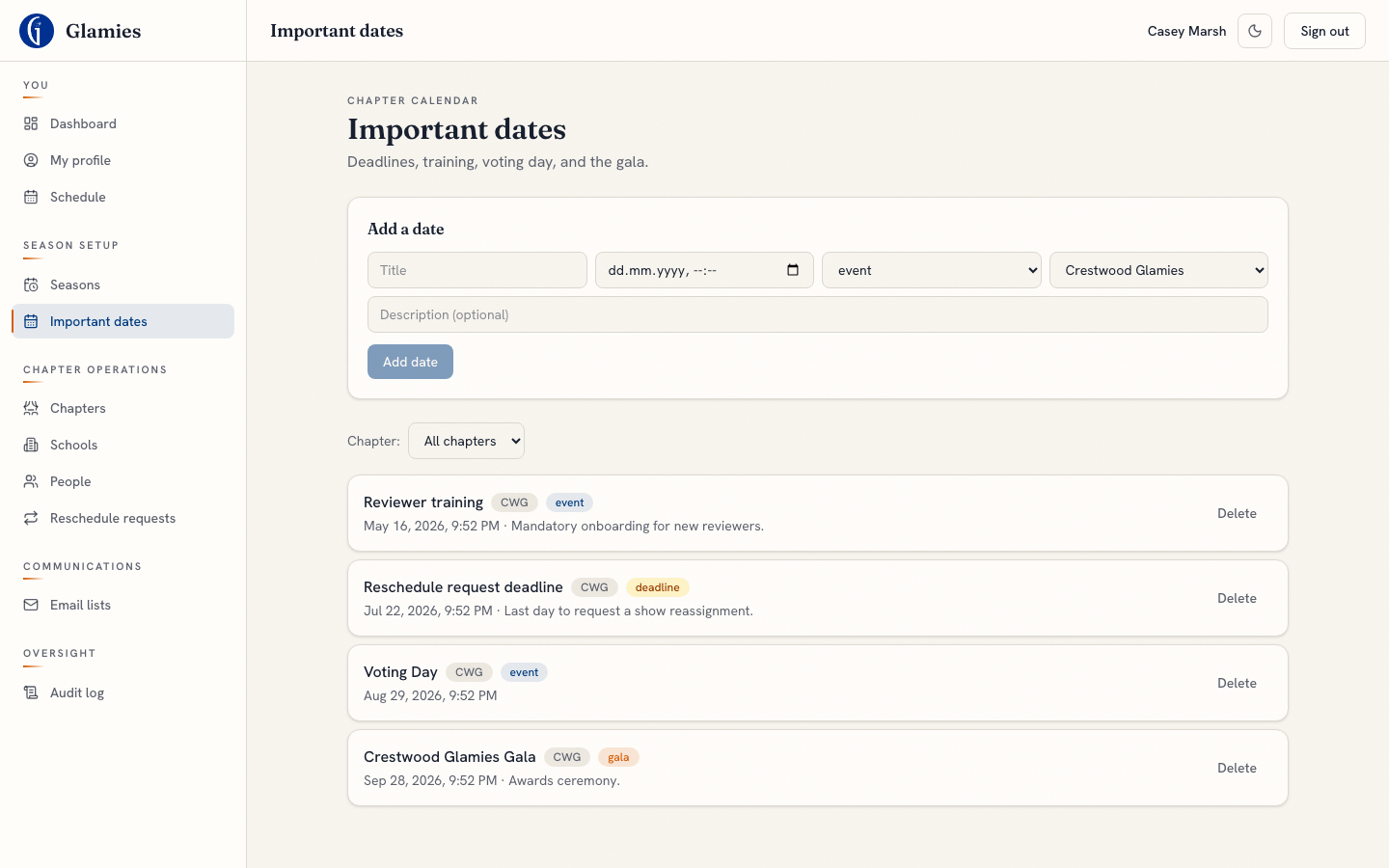Training day exists as a calendar entry — The season calendar supports a dated "event" entry, and Reviewer Training is already seeded there. This is the only piece of training day that’s built today — a title, a date, and an optional description, not yet its own roster or attendance model.