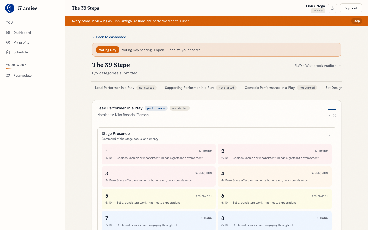 Eligible reviewer finalizes voting-day scores — A Voting Day badge appears, and scoring starts a brand-new rubric — kept separate from the reviewer’s performance-day scores.